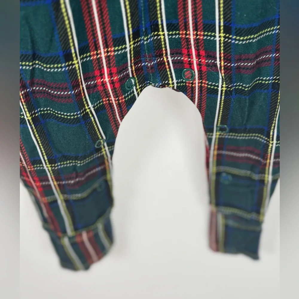 Posh‎ Peanut Bamboo Collared Henley Romper Green Tartan Plaid New Sz 18-24 m